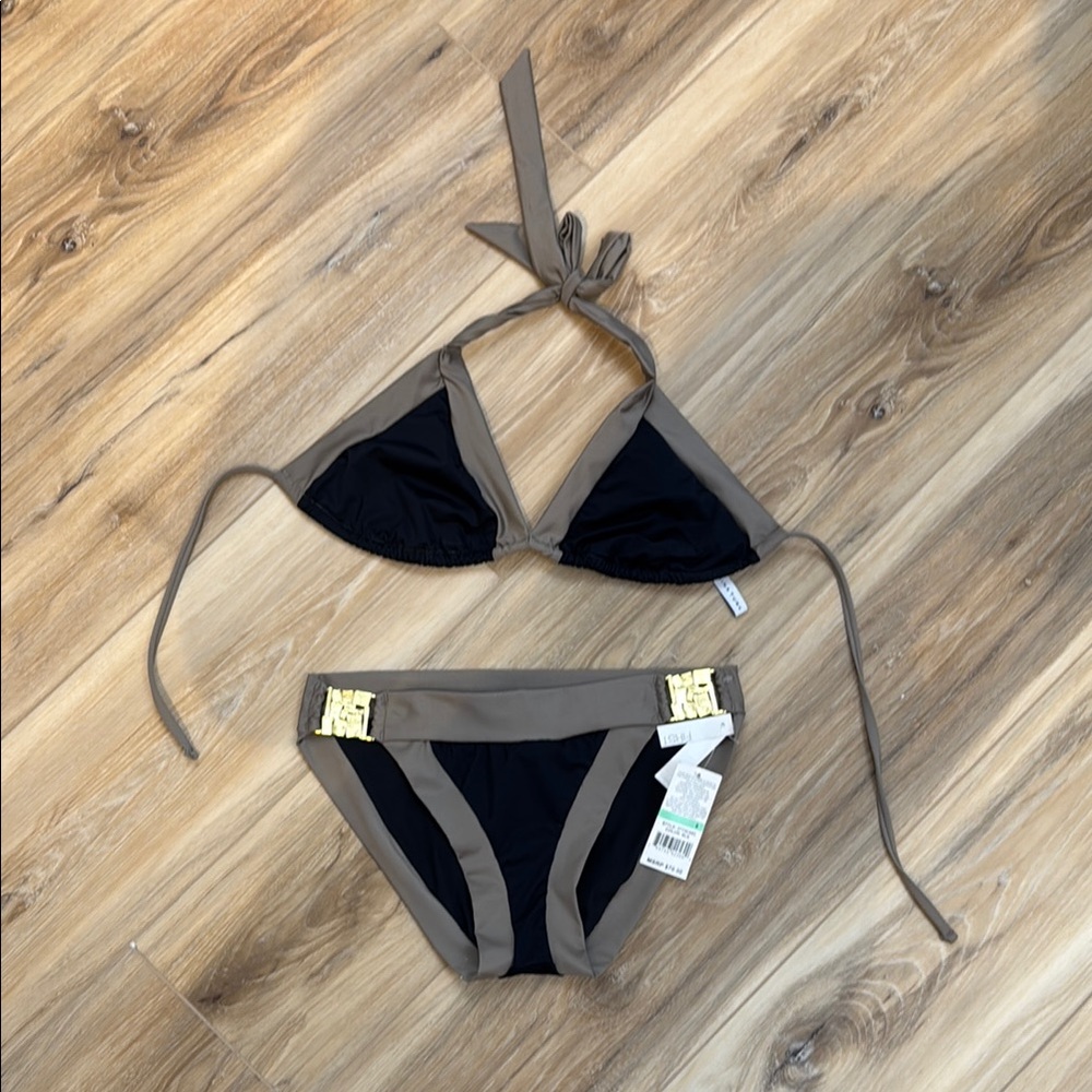 Trina Turk Black and Tan Bikini Halter Style